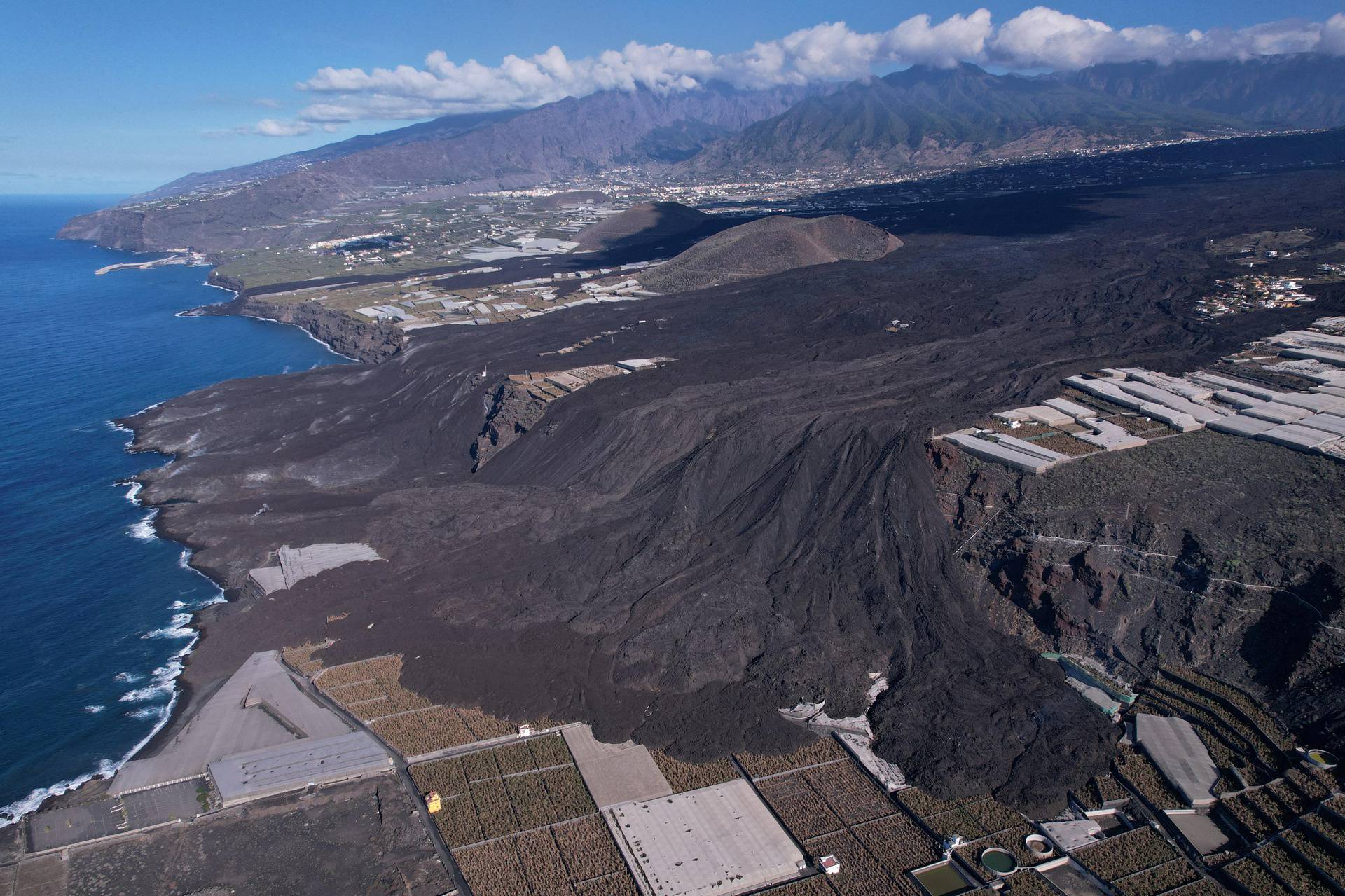 Air view of solidified lava from the Cumbre Vieja volcano in Las Manchas