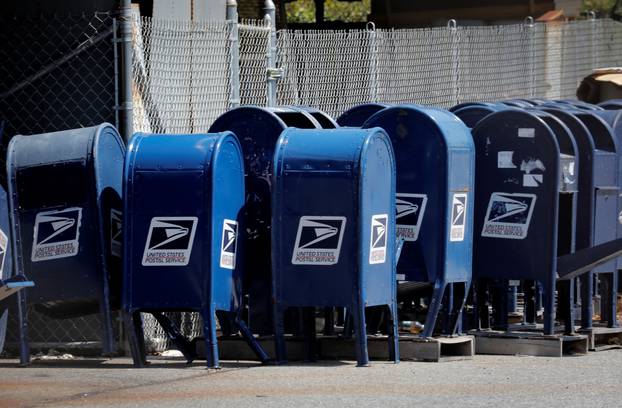 United States Postal Service (USPS) mailboxes are seen stored outside a USPS post office facility in the Bronx New York