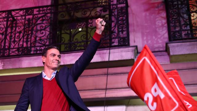 Spain's acting Prime Minister and Socialist Party leader (PSOE) candidate Pedro Sanchez speaks to supporters during Spain's general election at party headquarters in Madrid