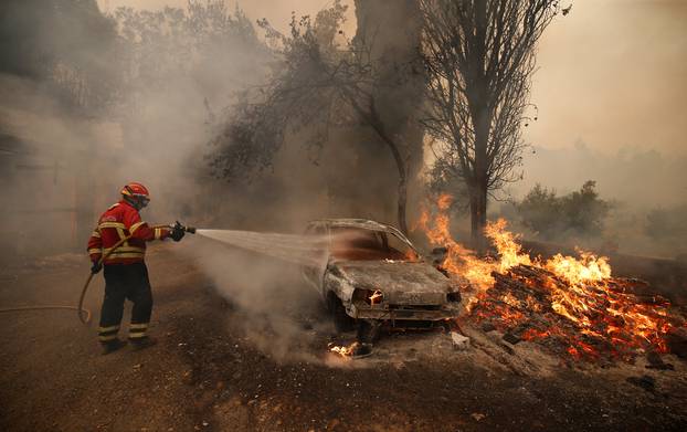 A firefighter works to put out a forest fire in the village of Carvoeiro, near Castelo Branco