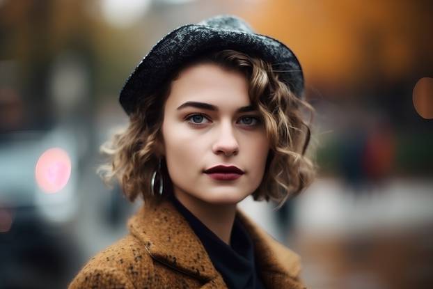 Portrait of a beautiful young woman with curly hair, wearing a hat and coat.