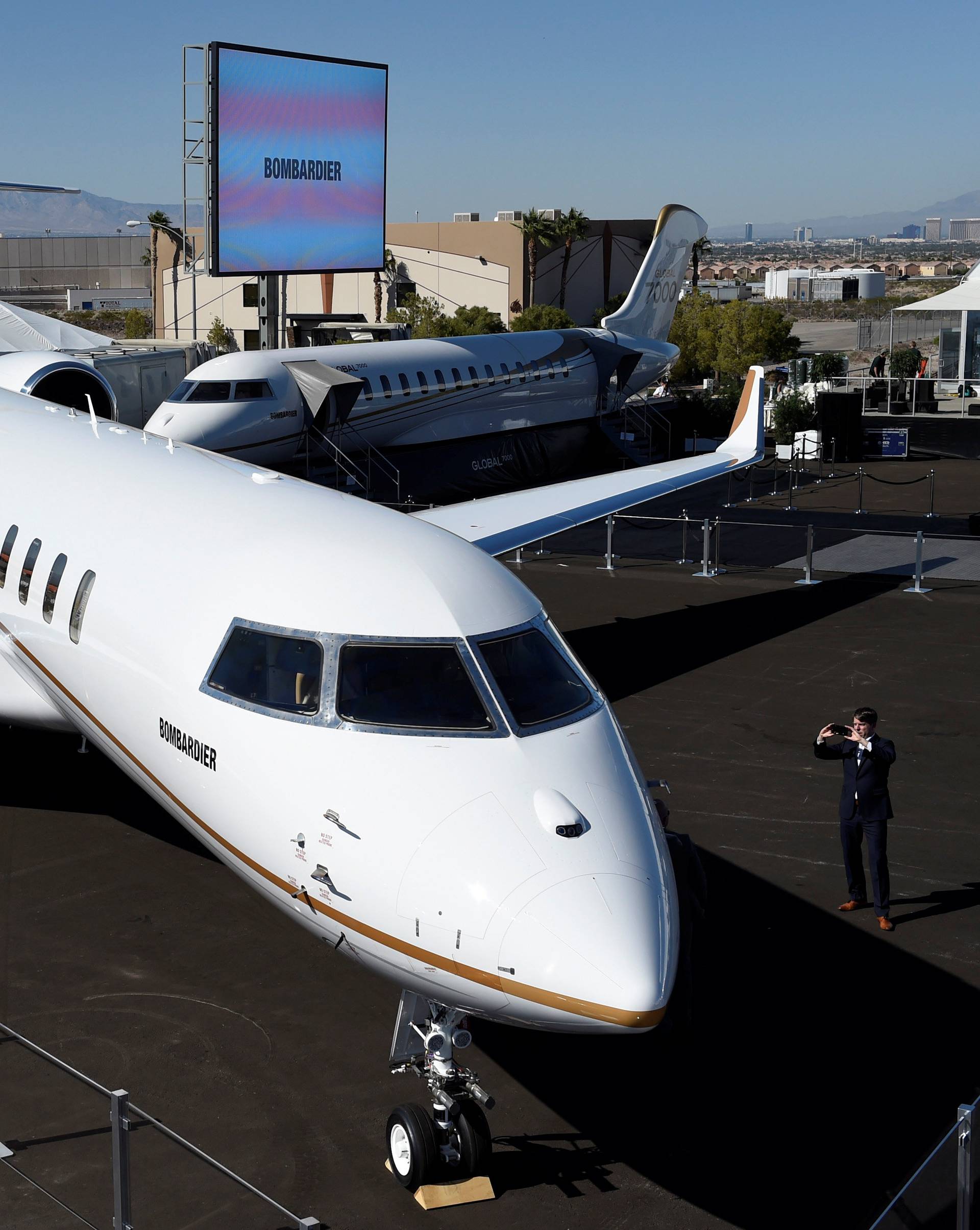 Bombardier's new Global 7000 business jet is seen during the National Business Aviation Association at the Henderson Executive Airport in Henderson