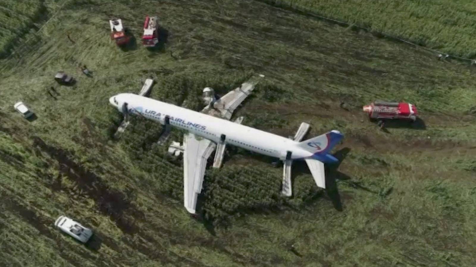 A view shows a passenger plane following an emergency landing near Moscow