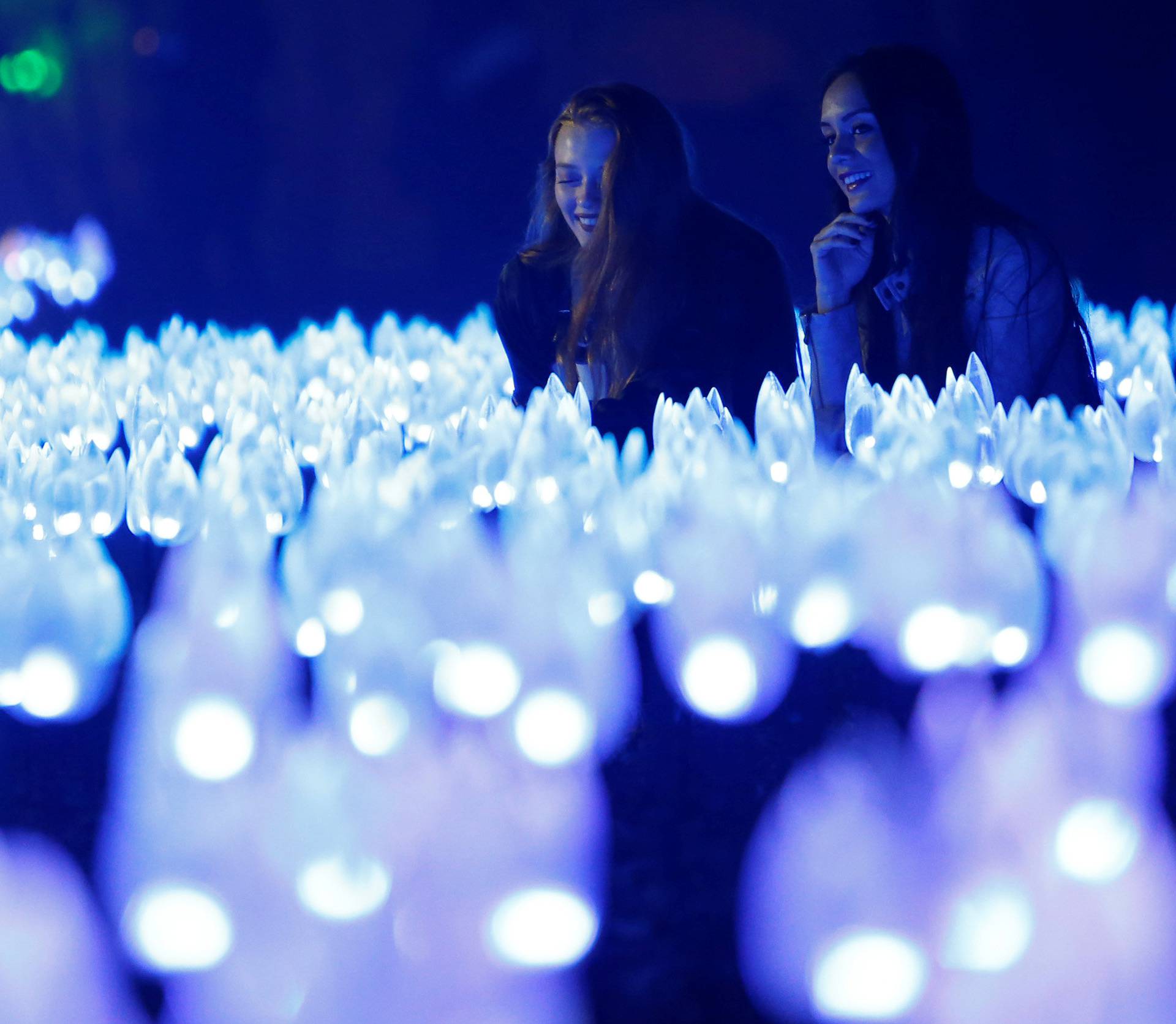 Two girls look at "Flower Power" which is part of the exhibit "Enchanted: Forest of Light" at Descanso Gardens in La Canada Flintridge