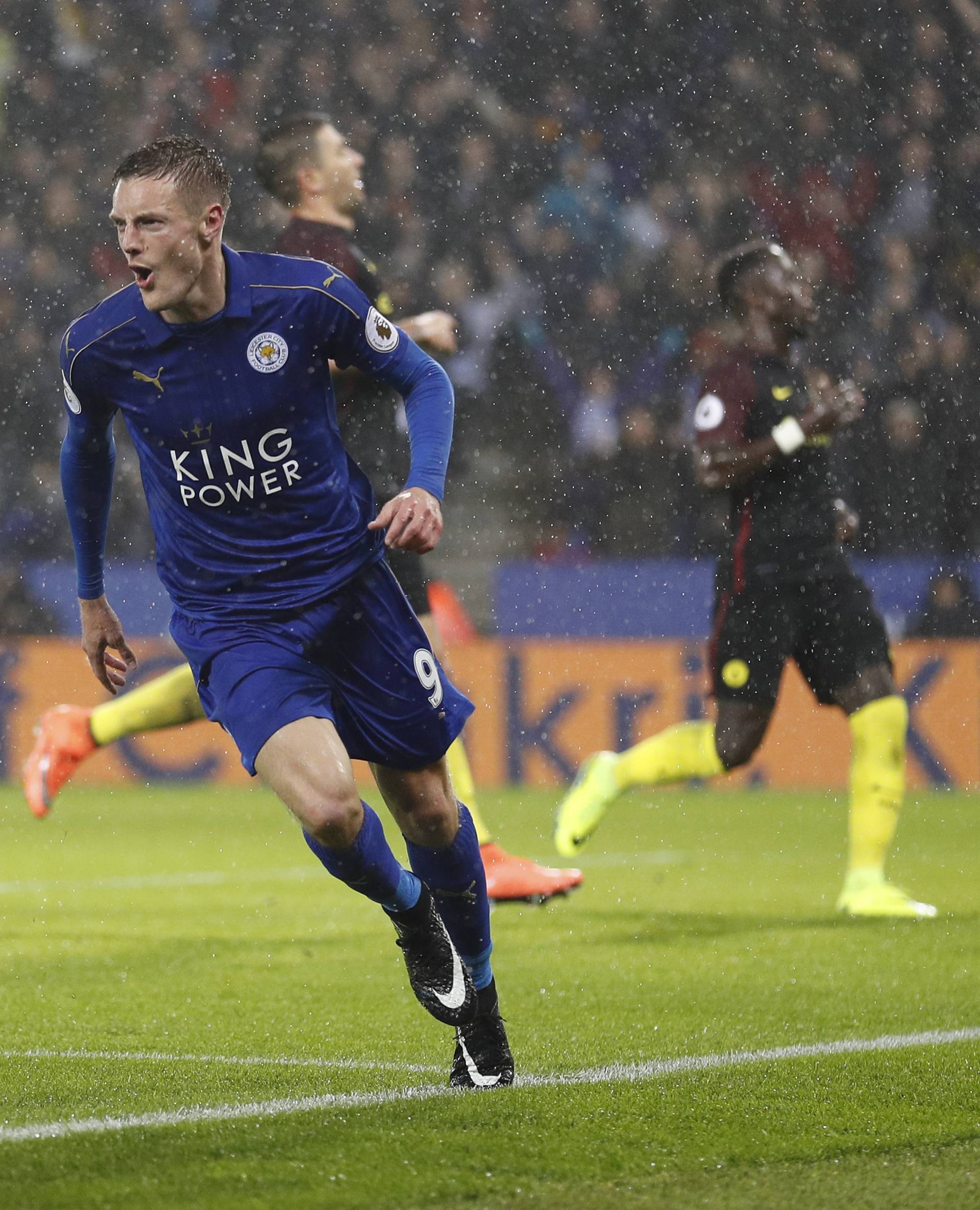 Leicester City's Jamie Vardy celebrates scoring their third goal