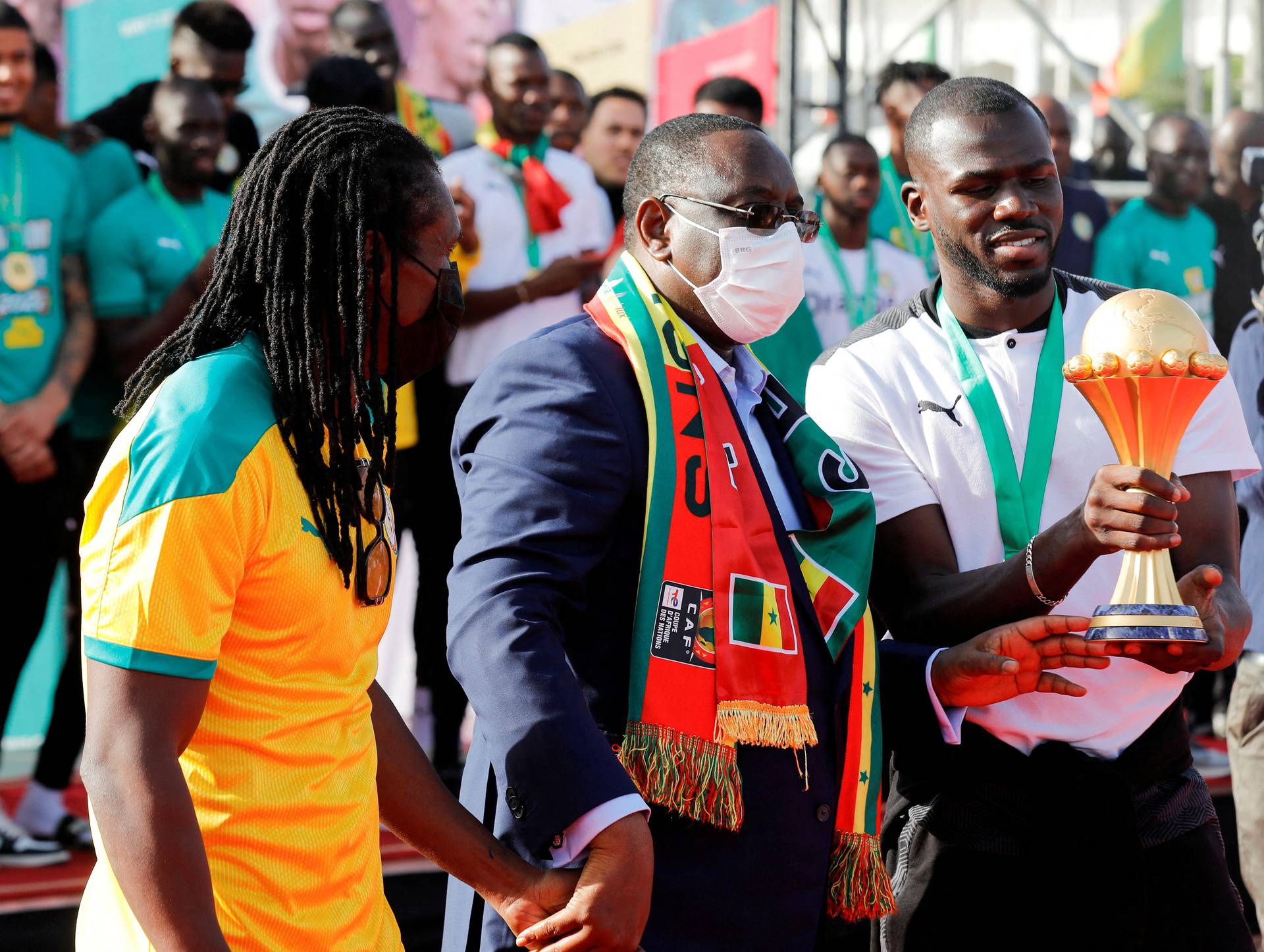 Senegal's President Macky Sall welcomes the Senegal National Soccer Team after their Africa Cup win, in Dakar