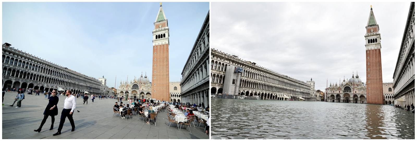 A combination picture shows St. Mark's Square before and after floods in Venice