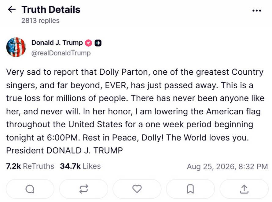 Trump o Dolly  Parton: 'Njoj u čast, spuštam američku zastavu na pola koplja diljem SAD-a'
