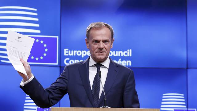 European Council President Donald Tusk holds a news conference after receiving British Prime Minister Theresa May's Brexit letter in Brussels