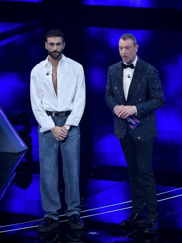 Sanremo, 74th Italian Song Festival, First Evening. Marco Mengoni and the guests on stage