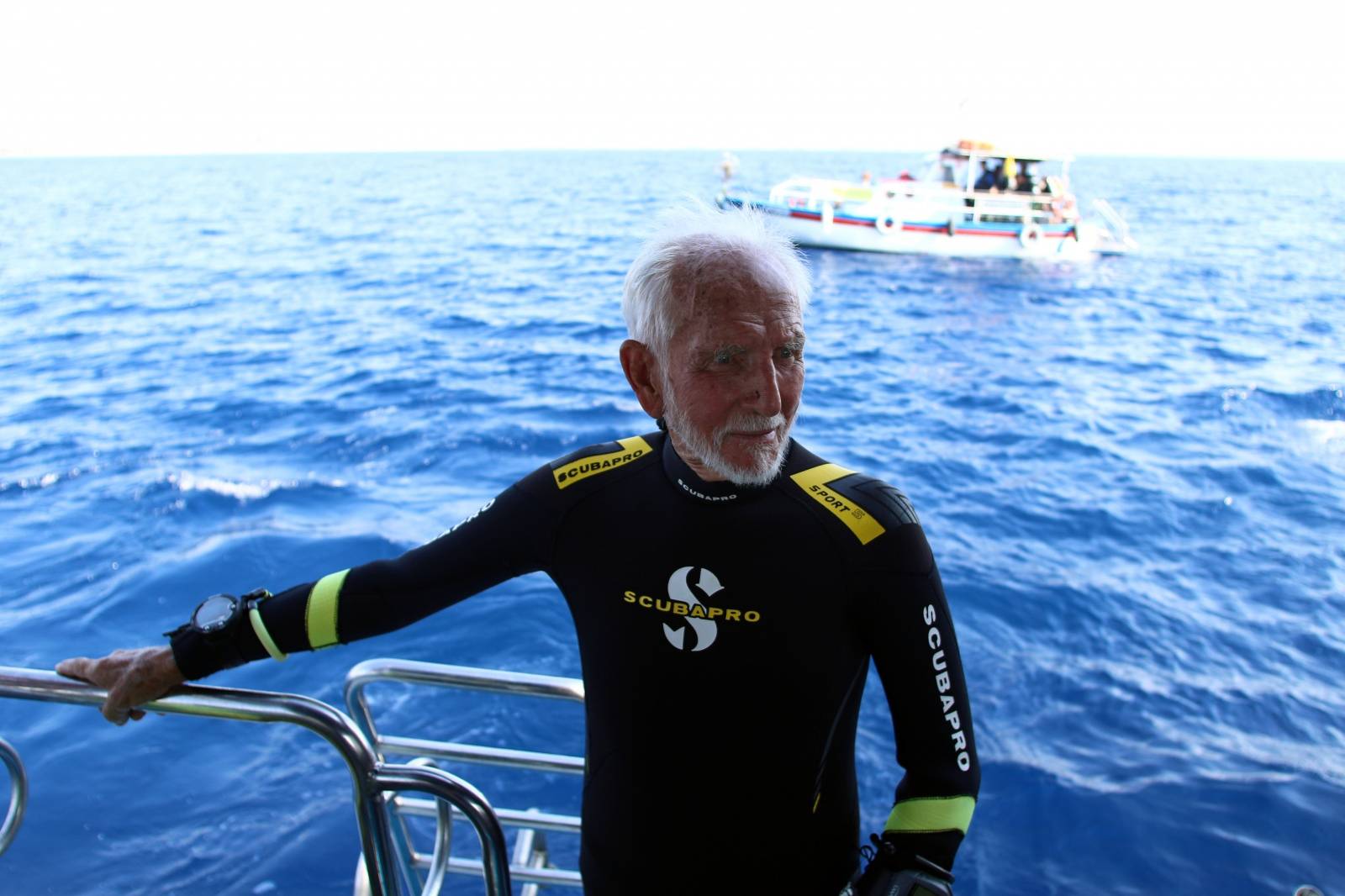 Ray Woolley, diver and World War Two veteran, is seen before breaking a new diving record as he turns 96 by taking the plunge at the Zenobia, a cargo ship wreck off the Cypriot town of Larnaca