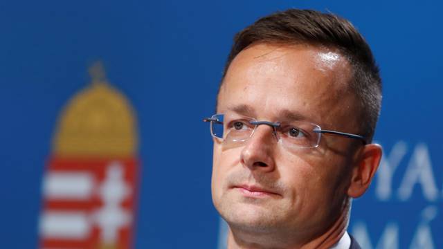 Hungarian Foreign Minister Peter Szijjarto holds a news conference in Budapest