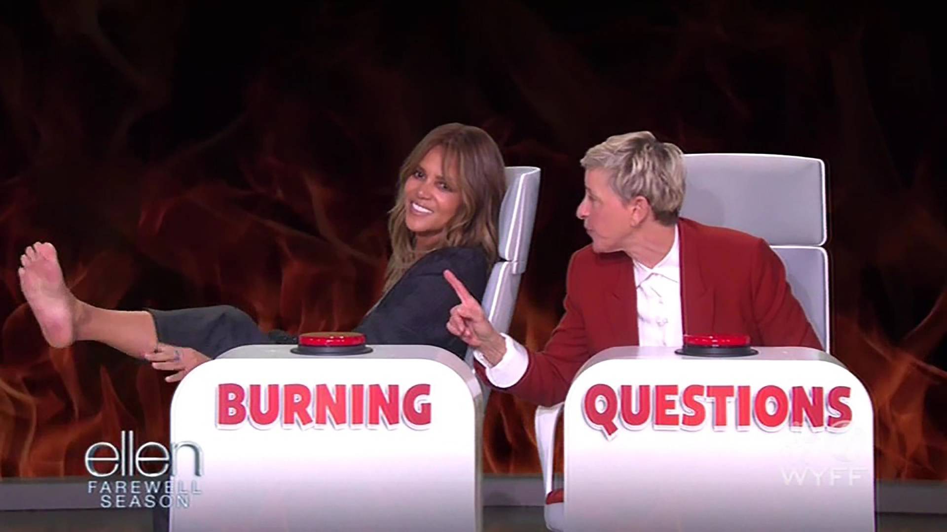 Halle Berry reveals her most memorable movie kiss was with X-Men co-star Hugh Jackman before addressing the rumour she has six toes, as she plays a game of Burning Questions on The Ellen Show