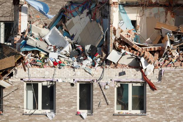 A view shows the rubble of a building after an explosion in Turnhout