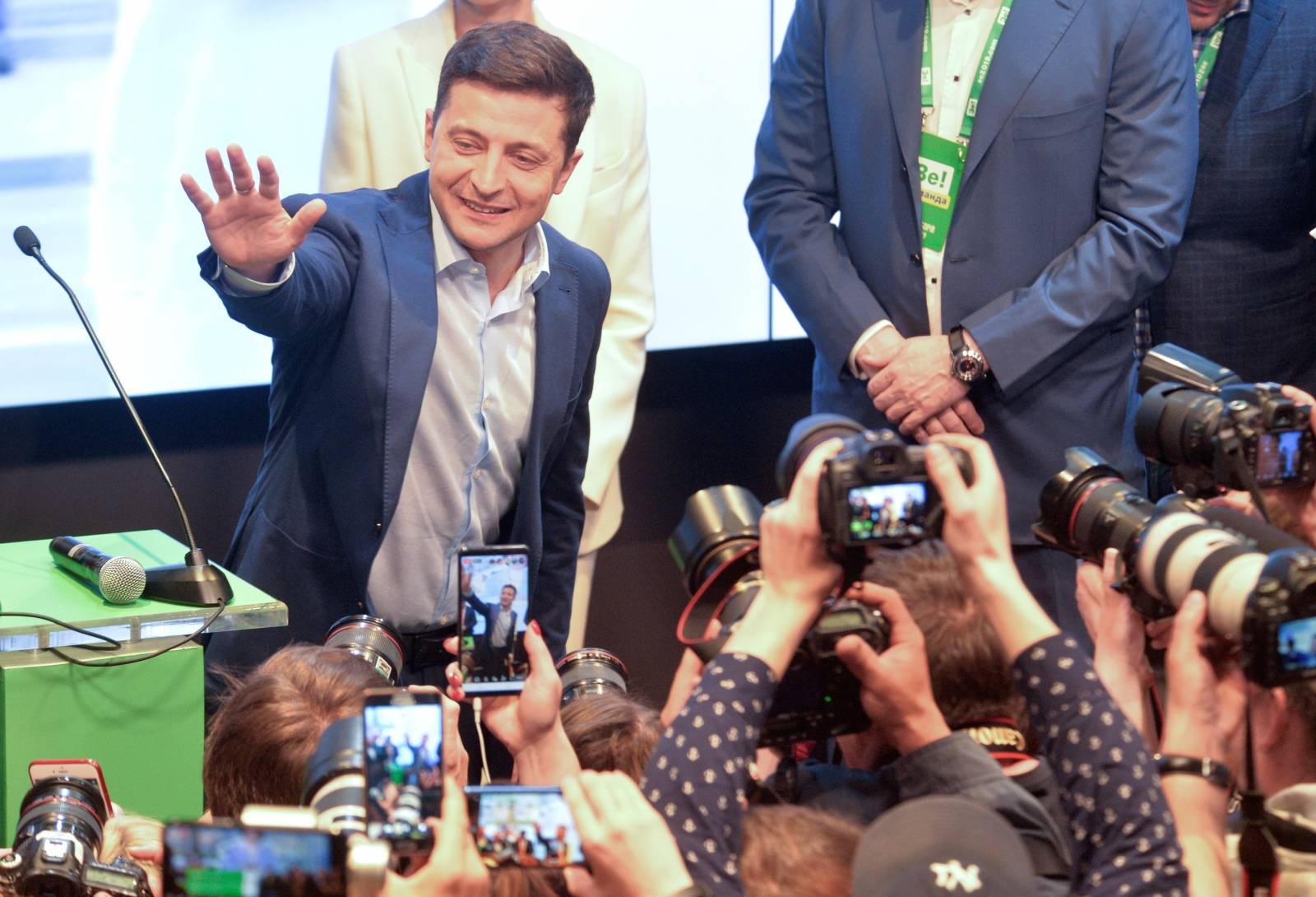 Candidate Zelenskiy reacts following the announcement of an exit poll in Ukraine's presidential election in Kiev