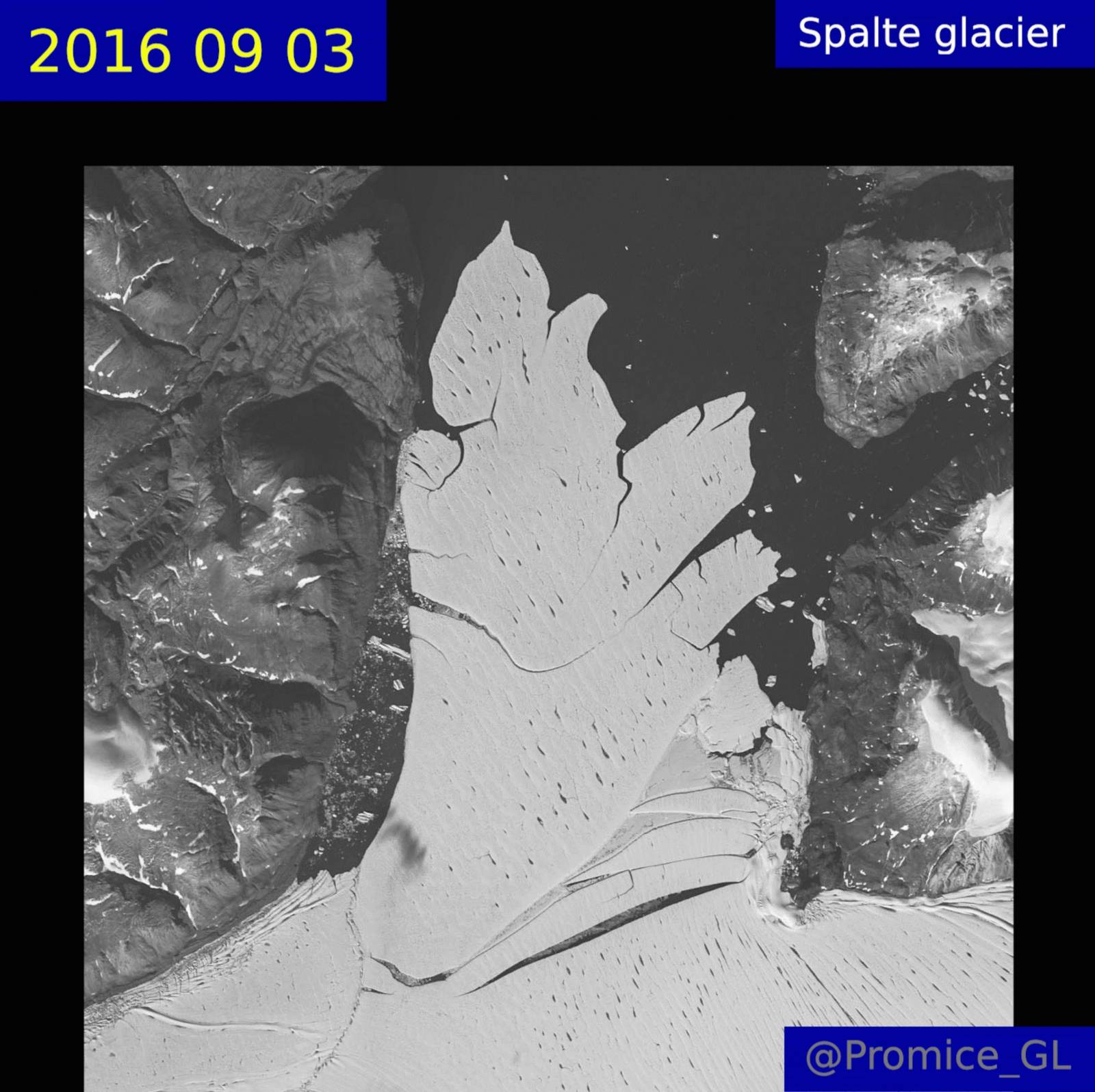 A satellite image shows the Spalte glacier in 2016
