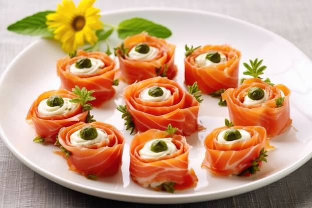 smoked salmon rosettes served with caper berries on a white plate