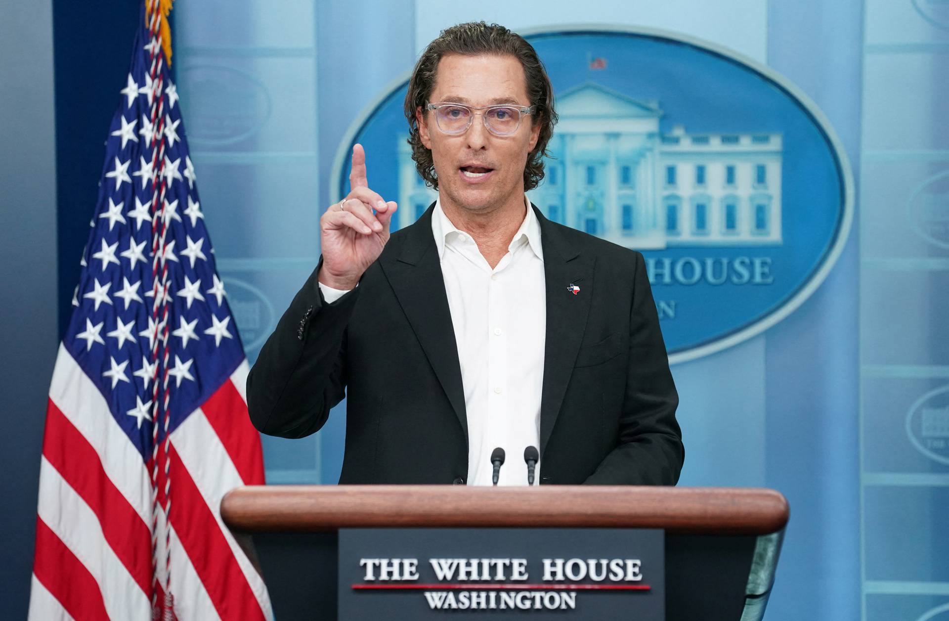 Actor Matthew McConaughey speaks to reporters about mass shooting during a press briefing at the White House in Washington