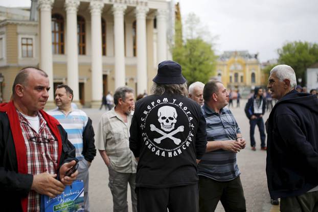 Supporters of Radical Party leader Vojislav Seselj arrive for his pre-election rally in Subotica