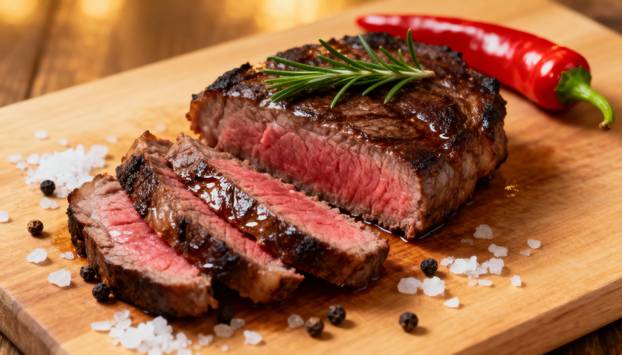 A,Juicy,Grilled,Steak,With,Rosemary,And,Chili,Pepper,On