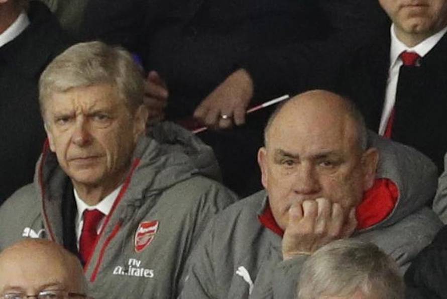 Arsenal manager Arsene Wenger, coach Boro Primorac and Pat Rice in the stands