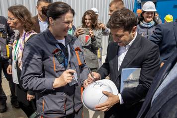 Ukraine's President Zelenskiy attends a ceremony putting the New Safe Confinement over the fourth block of a nuclear power plant into service in Chernobyl