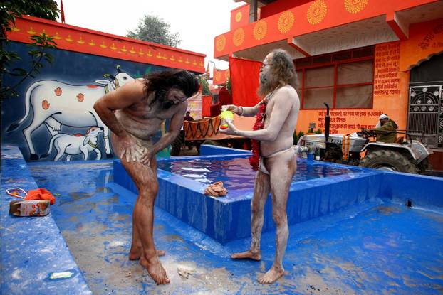 The arrival of the members of an akhara or sect of sadhus for the upcoming "Maha Kumbh Mela" in Prayagraj