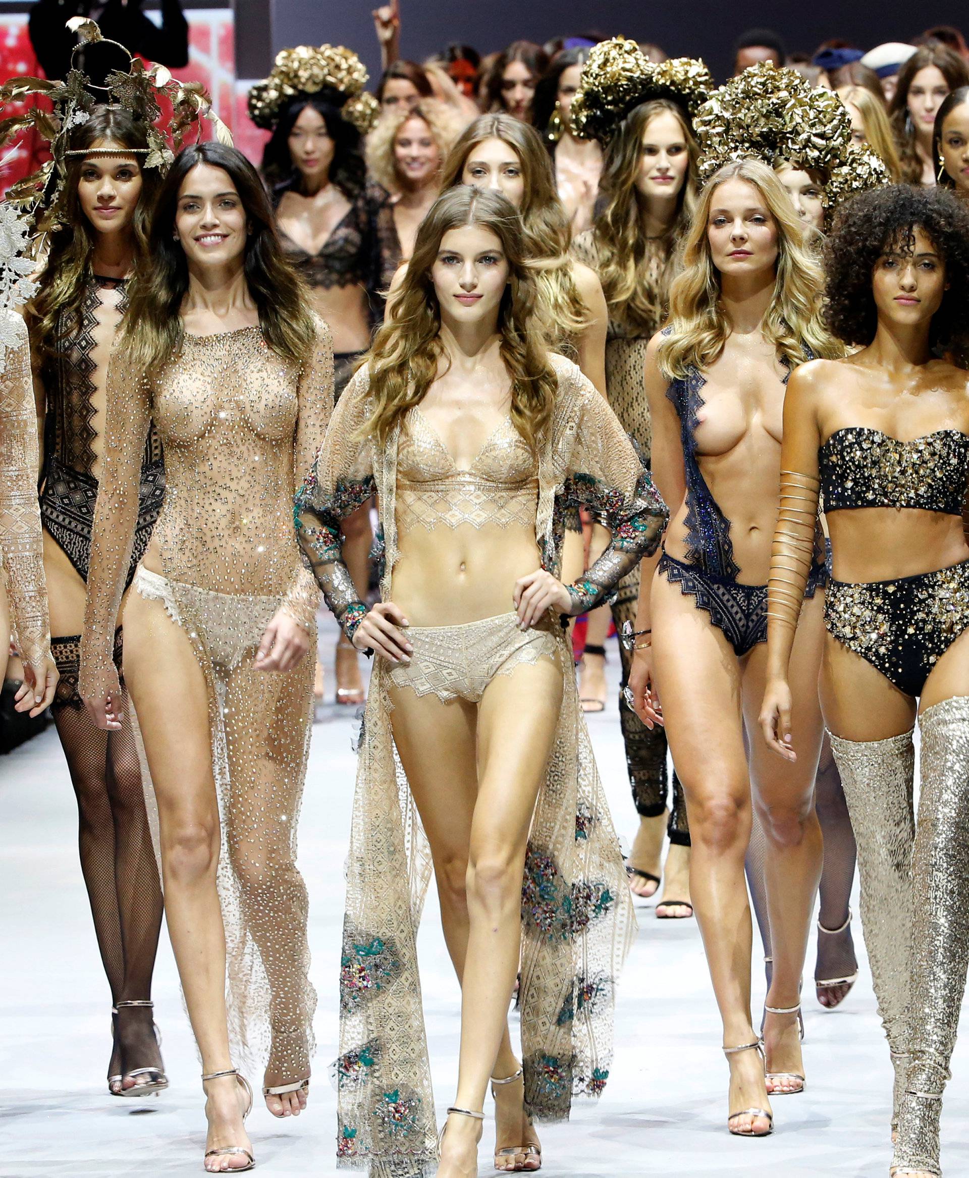 Models present creations during the Etam Live Show Lingerie at the Fashion Week in Paris, France