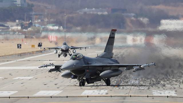 A U.S. Air Force F-16 fighter jet lands at the Osan U.S. Air Base in Pyeongtaek