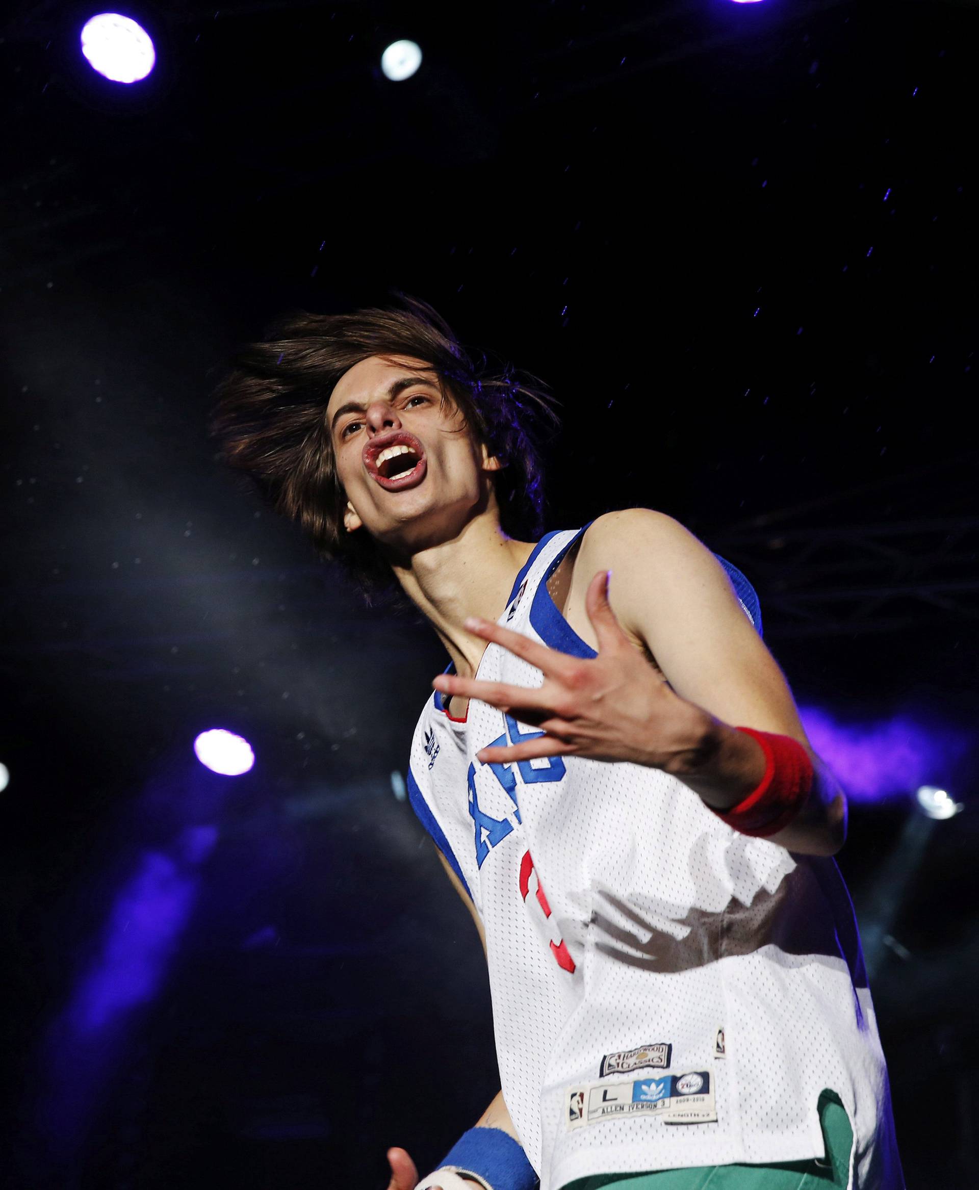 Winner Matt "Airistotle" Burns of the U.S. performs during the final of the Air Guitar World Championships in Oulu