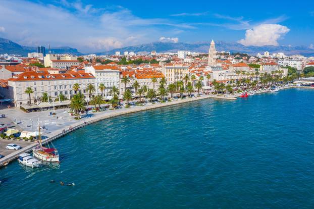 Aerial view of cityscape of Croatian city Split behind Riva prom