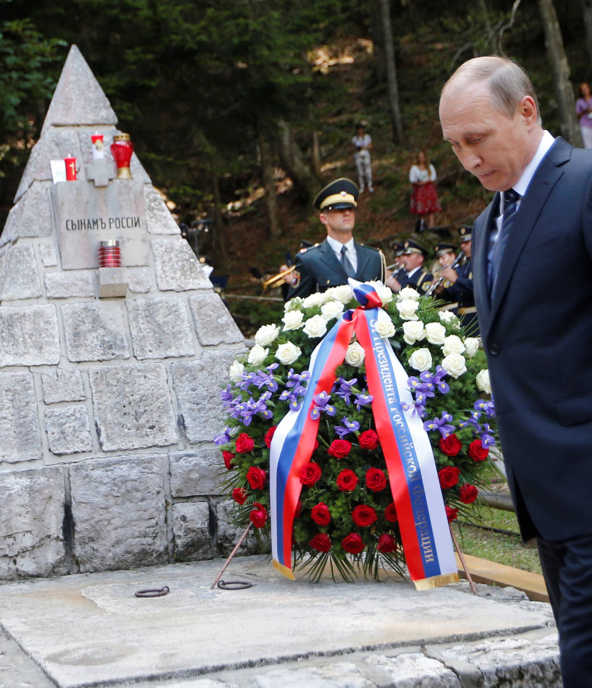 Russian President Vladimir Putin attends the commemoration of 100 years of the Russian chapel in Vrsic, Slovenia