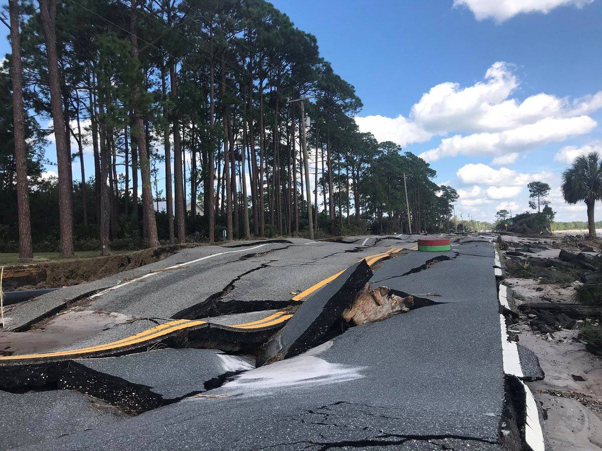 A damaged road after Hurricane Michael blew through Carrabelle, Florida