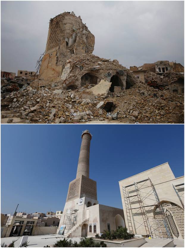 A combination picture shows the Great Mosque of Al-Nuri's Al-Hadba minaret before and after it was rebuilt, in Mosul