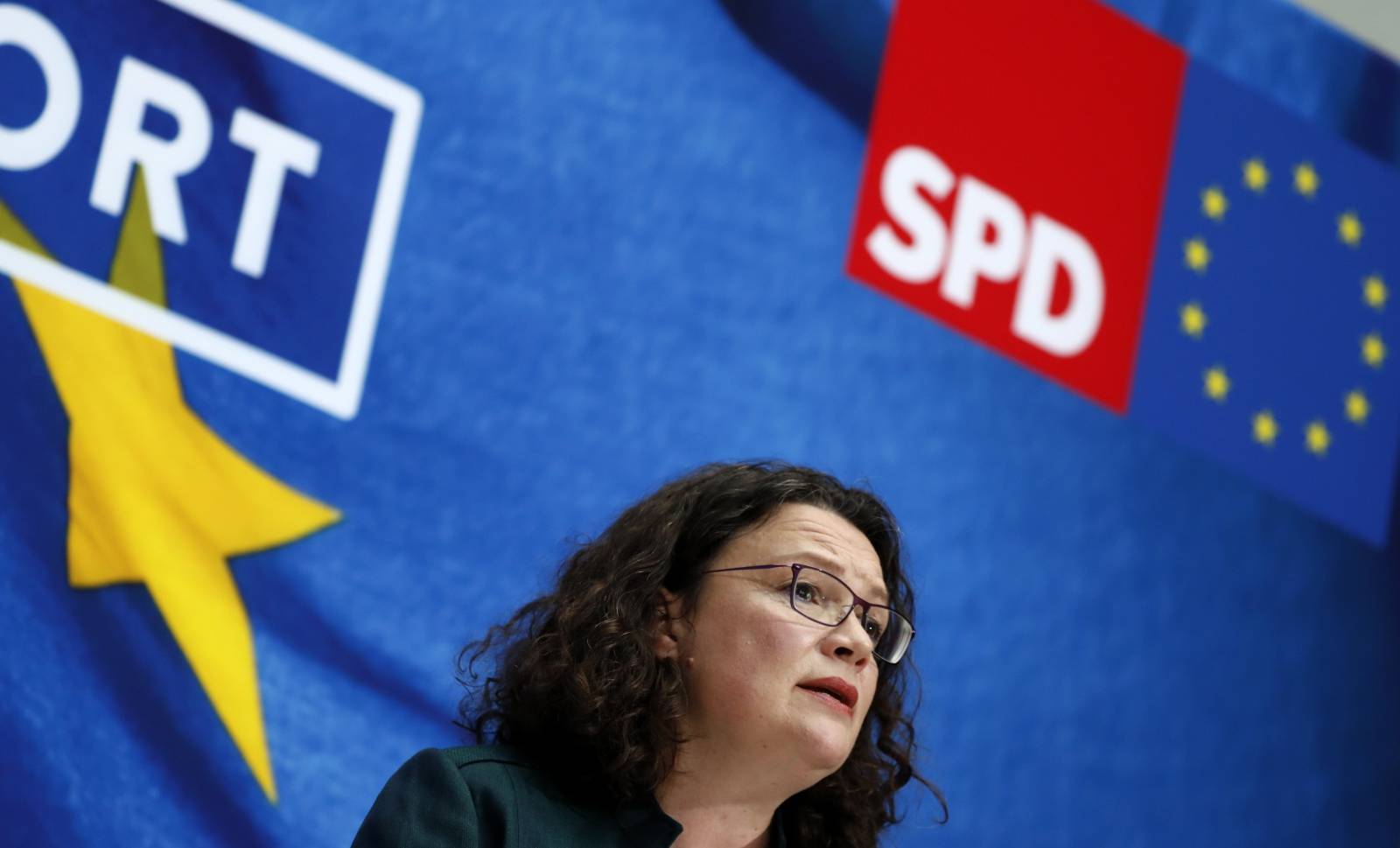 Social Democratic Party leaders react on first exit polls following the European Parliament election in Berlin