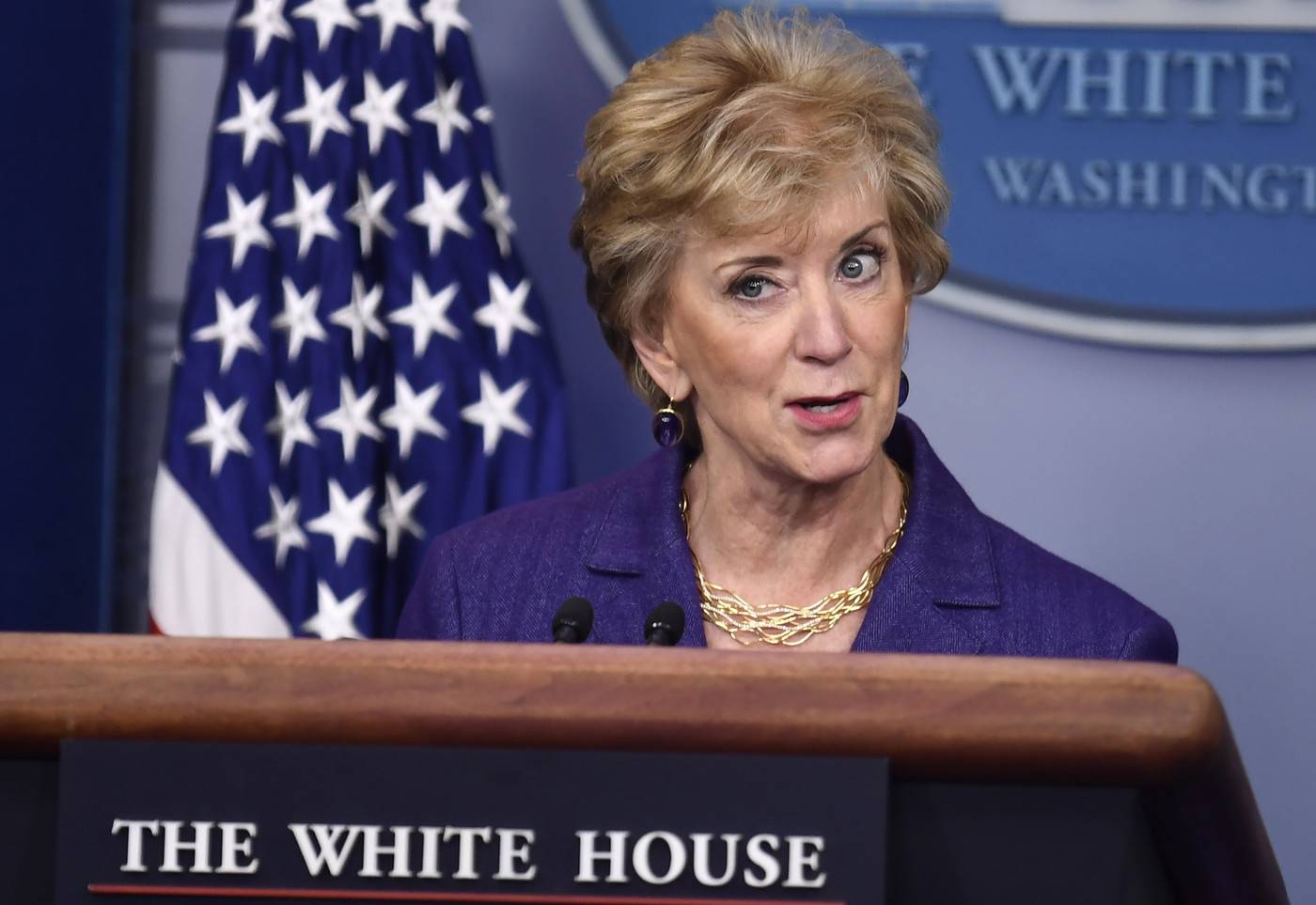 Linda McMahon attends White House daily press briefing