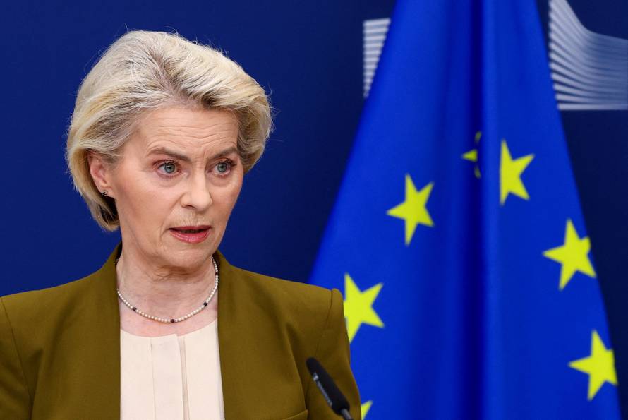 European Commission President Ursula von der Leyen speaks to the press on the 21st sanctions package against Russia, in Brussels