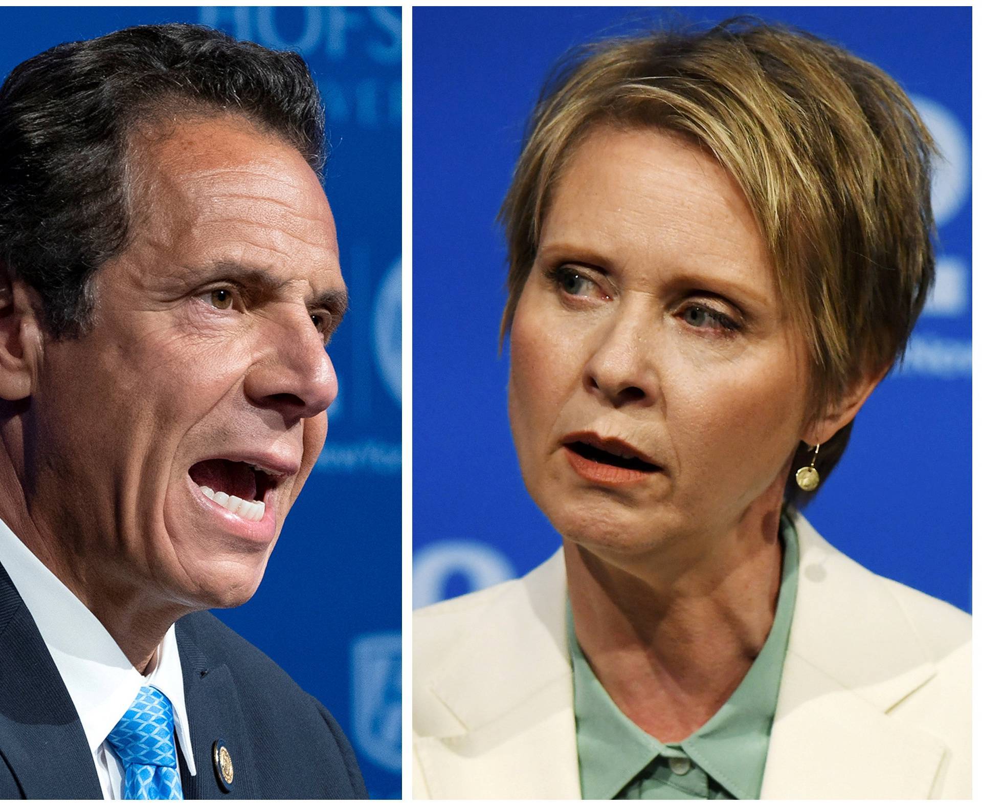FILE PHOTO: A combination photo of Governor Andrew M. Cuomo and actress and activist Cynthia Nixon, a first-time candidate mounting a challenge, are shown during a televised debate in Hempstead, New York
