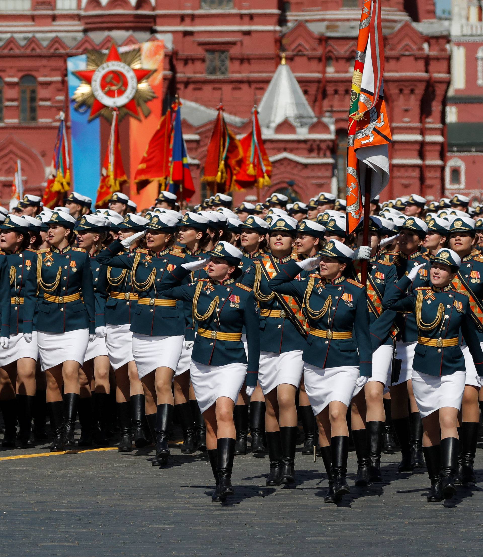 Russian servicewomen march during the Victory Day parade at Red Square in Moscow