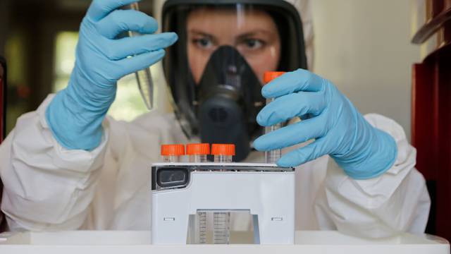 A scientist works inside a laboratory during the production and laboratory testing of a vaccine against the coronavirus disease in Moscow