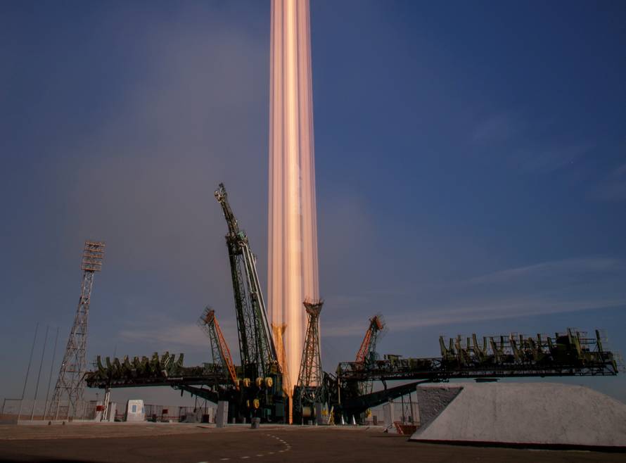 The Soyuz MS-10 spacecraft is seen in this long exposure photograph as it is launched with Expedition 57 Flight Engineer Nick Hague of NASA and Flight Engineer Alexey Ovchinin of Roscosmos, at the Baikonur Cosmodrome