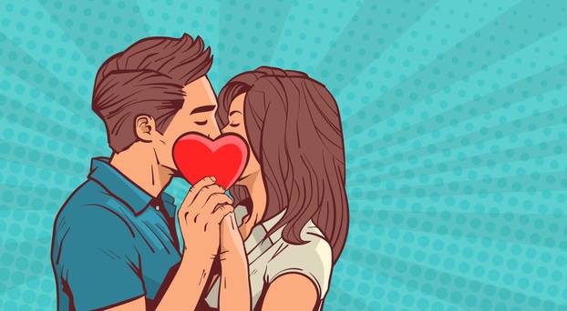 Young Couple Kissing Hollding Red Heart Shape Over Retro Pop Art Background With Copy Space