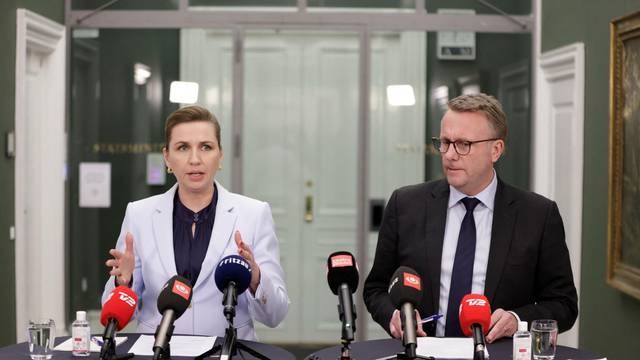 Danish PM Frederiksen and Defence Minister Boedskov attend news conference in Copenhagen