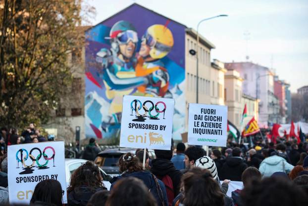 Demonstrators protest the 2026 Winter Olympics in Milan