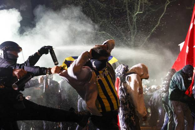 People take part in a protest on the day Istanbul Mayor Ekrem Imamoglu was jailed as part of a corruption investigation, in Istanbul