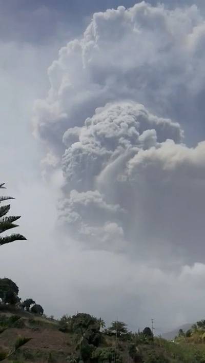 Ash is seen in the sky from the La Soufriere volcano's second eruption on April 9, 2021 in this still frame obtained from social media video in St Vincent