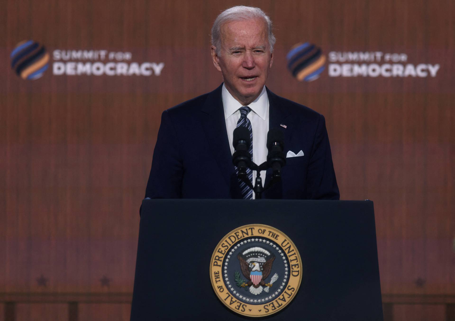 U.S. President Joe Biden delivers closing remarks at the State Department's virtual Summit for Democracy from the White House in Washington