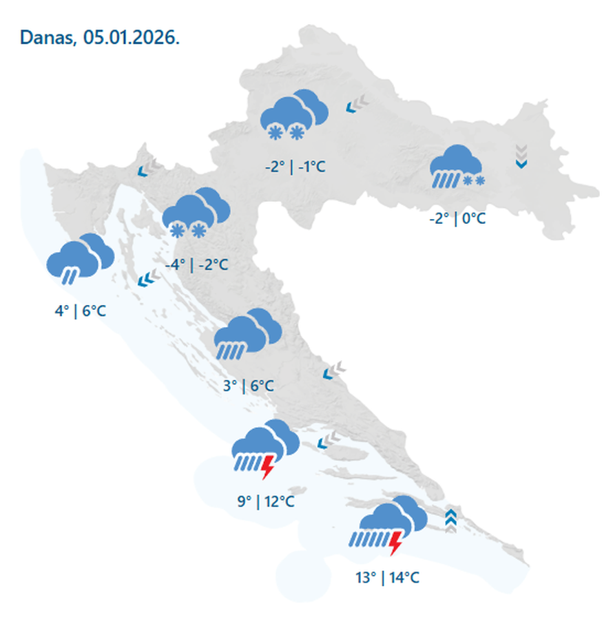 Novi snijeg stiže na kopnu, pogledajte koliko će ga biti. Na Jadranu pljuskovi i grmljavina