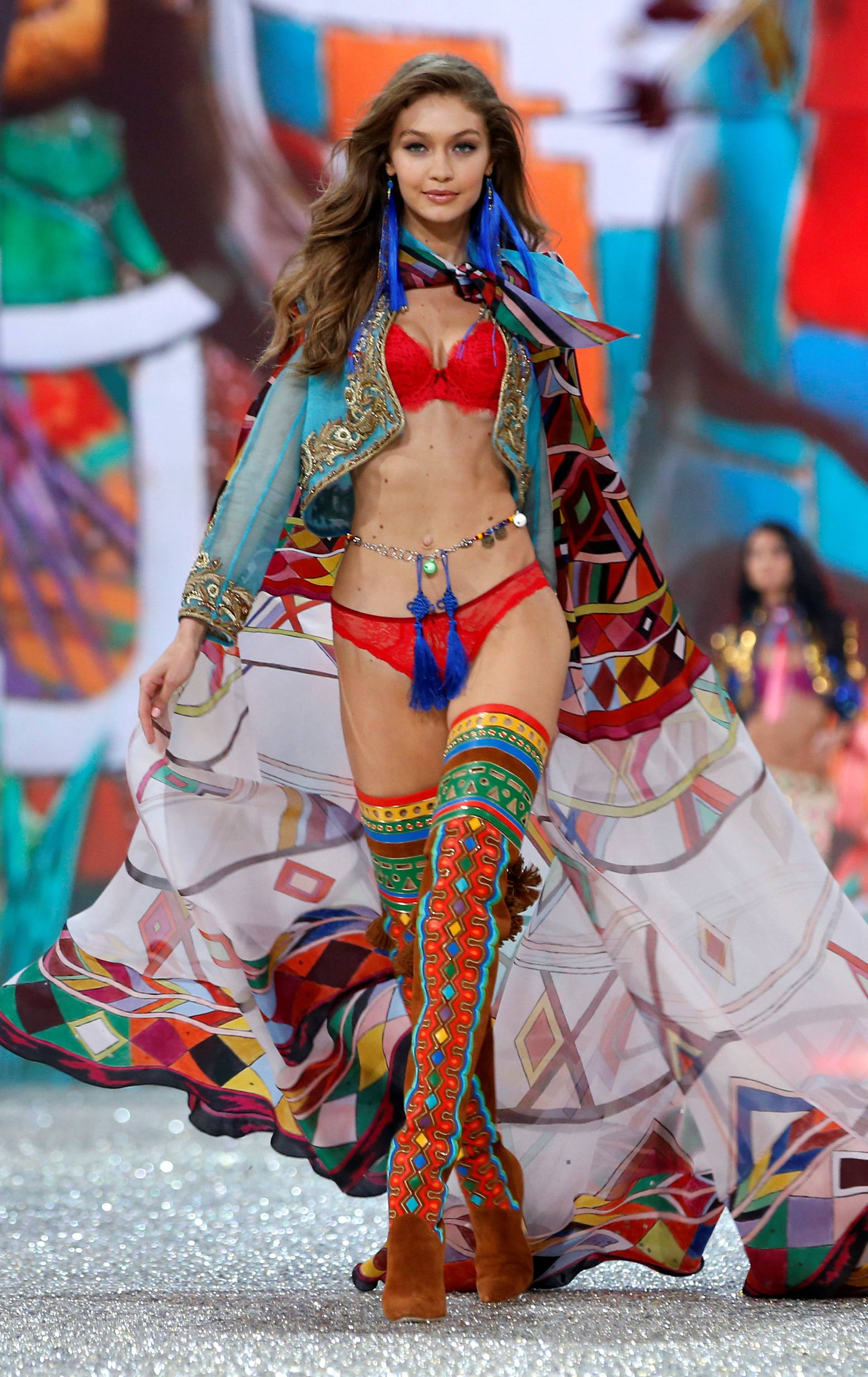 Model Gigi Hadid presents a creation during the 2016 Victoria's Secret Fashion Show at the Grand Palais in Paris