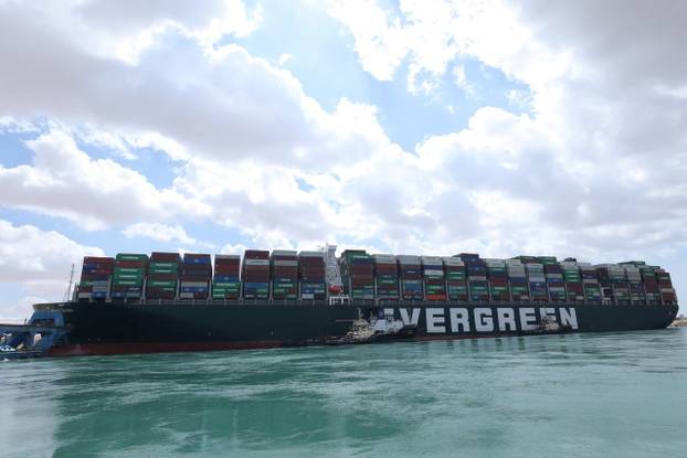 Stranded container ship Ever Given, one of the world's largest container ships, is seen after it ran aground, in Suez Canal